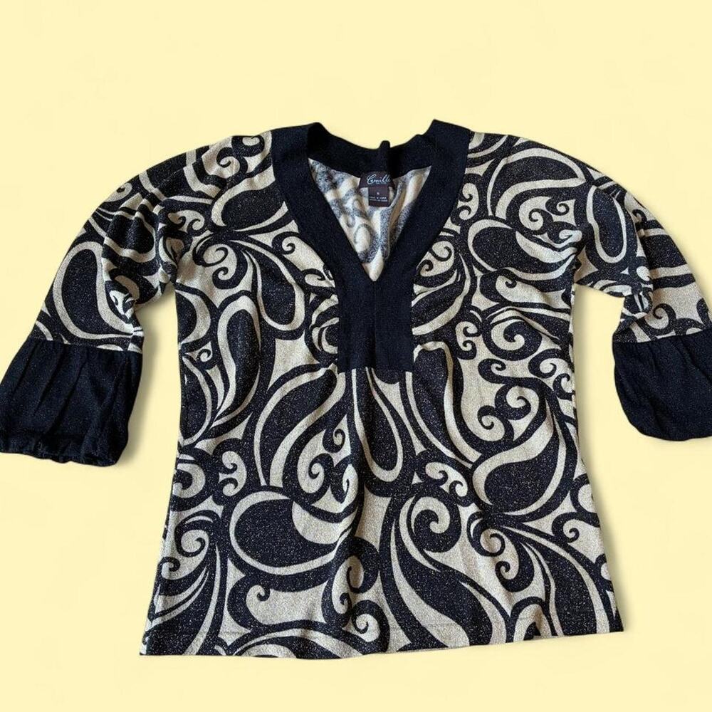 Vintage Camille La Vic sparkly paisley knit top with ruffled, bell sleeves.